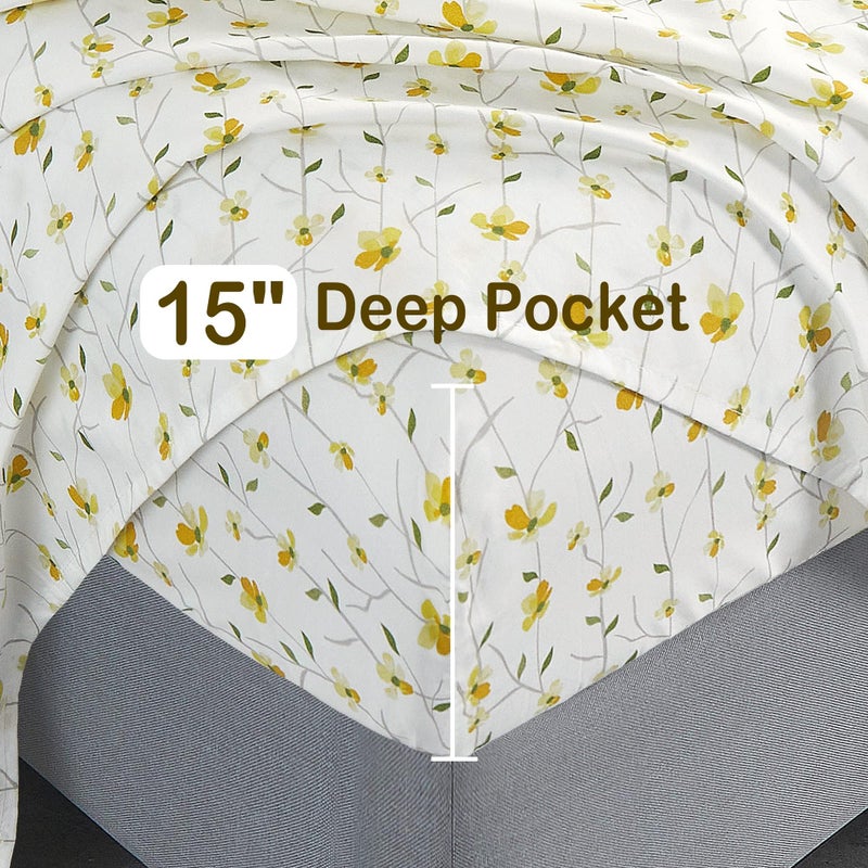 Softan King Sheet Set Yellow Floral Bed Sheets Printed Sheets - 4 Piece Soft Microfiber Patterned Fitted Sheets King with 15" Deep Pocket and Corner Straps, Cute Yellow Flower Sheets & Pillowcase Set - Image 4